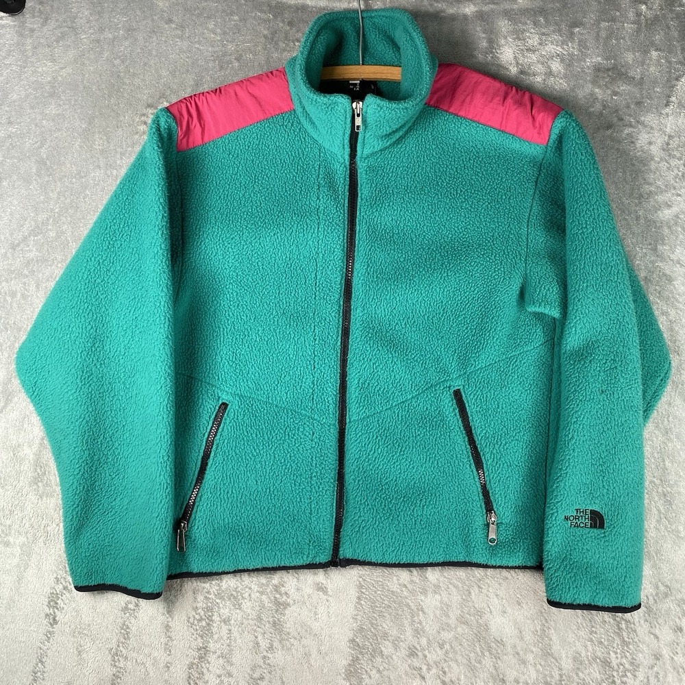 Vintage The North Face Jacket Mens Sz M Teal Pink Colorblock Fleece Zip 90s USA